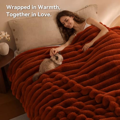 Burnt Orange Faux Rabbit Fur Throw Blanket 50x60 Fluffy Cozy Plush