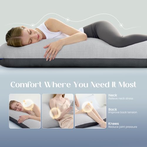 Dream Valley Full Body Pillow for Adults - Dark Grey, Adjustable Loft, Cooling Technology, Memory Foam, 20 x 54 in