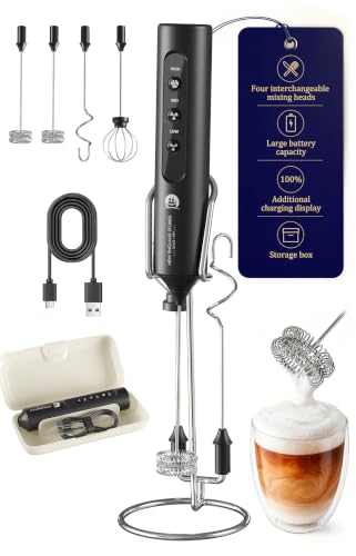 Black Rechargeable Milk Frother with Stand and 4 Whisks – Handheld Mixer for Lattes, Matcha, Eggs & Shakes