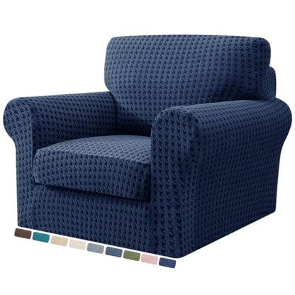 Stretch Chair Slipcover with Arms 34-44 Inches Navy Blue 2-Piece Armchair Cover with Elastic & Buckle - Armchair 1 Cushion Variation