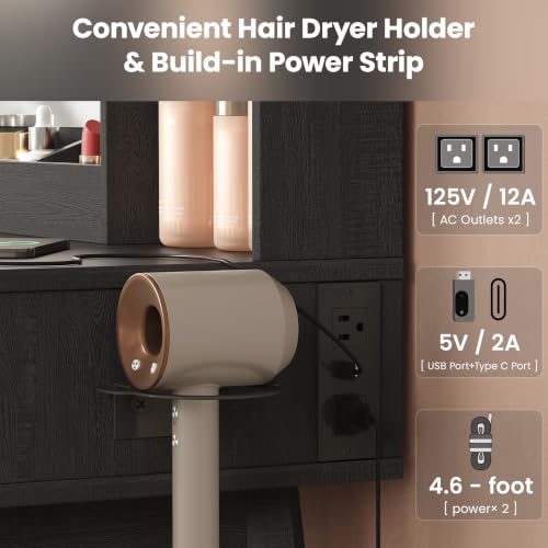 Vabches Black Small Makeup Vanity Desk with Mirror, Lights & USB-C Charger