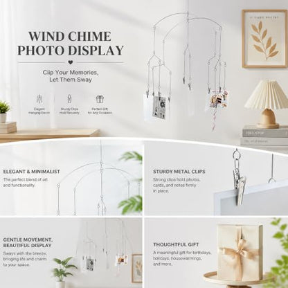 Hanging Photo Mobile with 10 Clips - Silver Rotating Wire Display for Photos