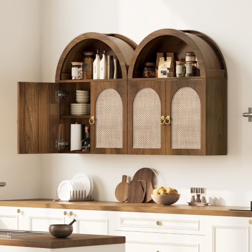 Walnut Arched Bathroom Wall Cabinet with Rattan Doors and Adjustable Shelves