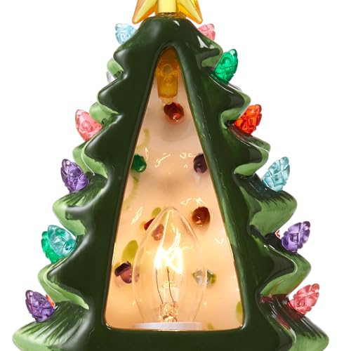 Ceramic Christmas Tree Night Light - Green 6 Inch with Bulbs & Star Topper - Plug-In Holiday Decor