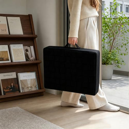 Black Square Floor Pillow Cushion with Velvet Cover and Handle - 18x18x4 Inch