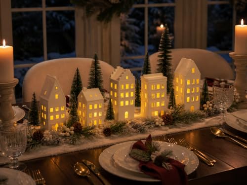 15PCS Lighted Christmas Village Set Ceramic Houses & Trees - Indoor Holiday Decor