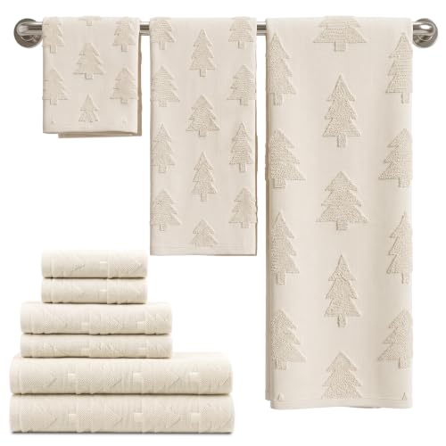 Christmas Bath Towels Set - 6 Piece Beige Tree Bathroom Decor