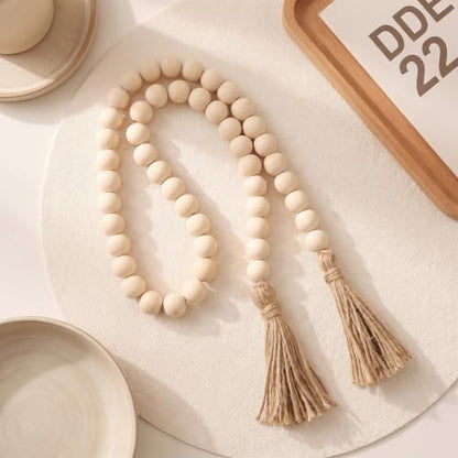 Wood Bead Garland Set with Tassels - Rustic Farmhouse Decor, 29 Inches, 3 Pieces