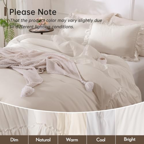 Beige Farmhouse Ruffle Comforter Set Full Size 3 Pieces - Shabby Chic Bedding