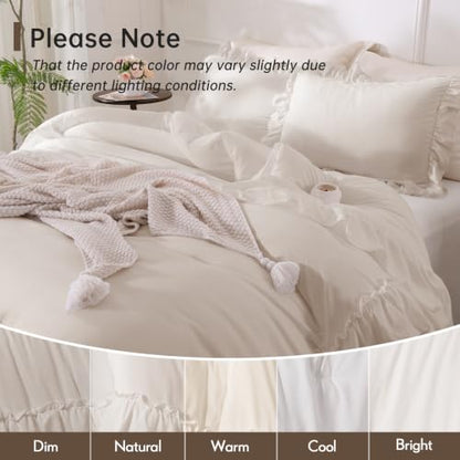 Beige Farmhouse Ruffle Comforter Set Full Size 3 Pieces - Shabby Chic Bedding