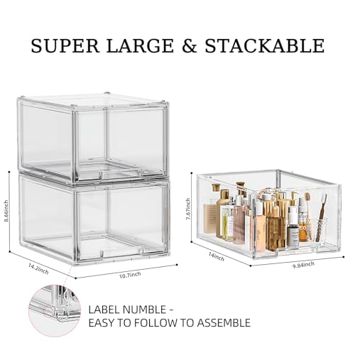 HOYOJA 1 Pack Large Stackable Storage Drawers, Clear Plastic Drawer Organizer, Under Sink Cabinet Drawers, Pantry Organizers and Storage Drawer, Arcylic Drawer for Makeup, Bathroom, Kitchen, Office