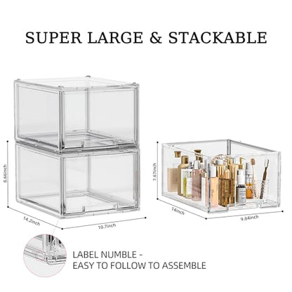 HOYOJA 1 Pack Large Stackable Storage Drawers, Clear Plastic Drawer Organizer, Under Sink Cabinet Drawers, Pantry Organizers and Storage Drawer, Arcylic Drawer for Makeup, Bathroom, Kitchen, Office