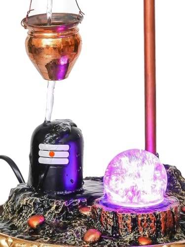 Indoor Water Fountain with LED Light Ball, Copper Pot & Gold Base – Tabletop Decor