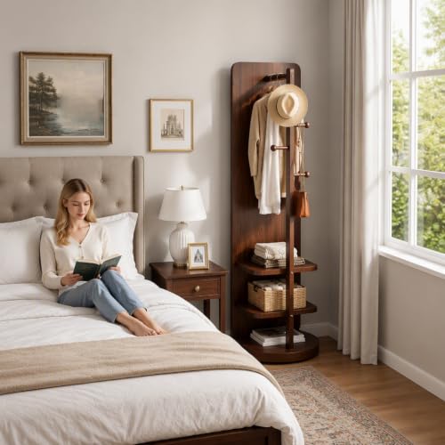 Walnut 360 Rotating Floor Mirror with Coat Rack - 2 Pieces