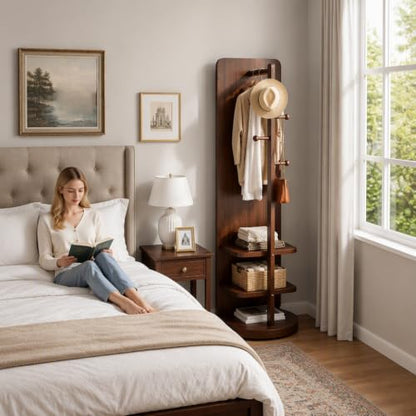 Walnut 360 Rotating Floor Mirror with Coat Rack - 2 Pieces