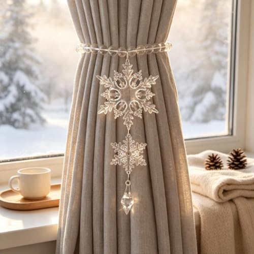 Snowflake Crystal Beaded Curtain Tiebacks - Magnetic Winter Decor Set of 2