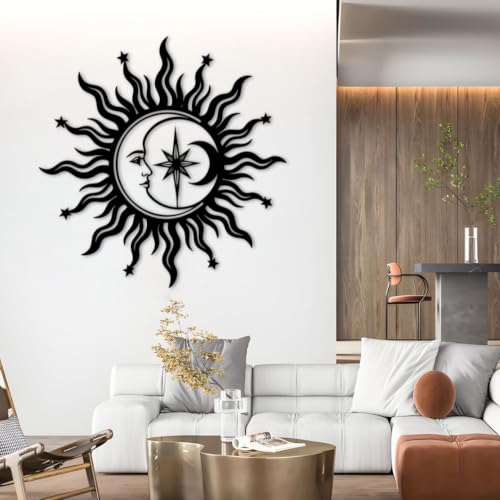 White Sun Moon Stars Metal Wall Art - 31x31in Celestial Wall Decor