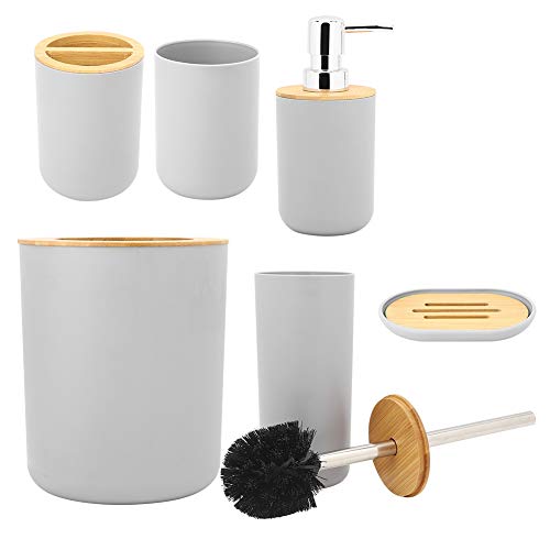 Gray 6-Piece Bathroom Accessories Set with Soap Dish Toothbrush Holder Rinse Cup Lotion Bottle Trash Can Toilet Brush