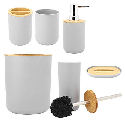 Gray 6-Piece Bathroom Accessories Set with Soap Dish Toothbrush Holder Rinse Cup Lotion Bottle Trash Can Toilet Brush