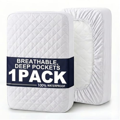 Full Waterproof Mattress Protector with Breathable Quilted Fitted Sheet - All-Season Cooling, Noiseless, Thickened Cover