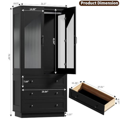 Gyfimoie Tall Armoire Wardrobe Closet with 2 Doors and 3 Drawers - Black Variation