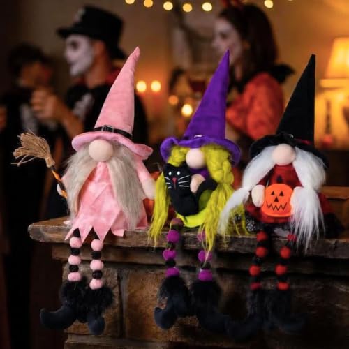 Halloween Witch Gnomes Plush Decor Set - 3 Cute Long Leg Elf Ornaments