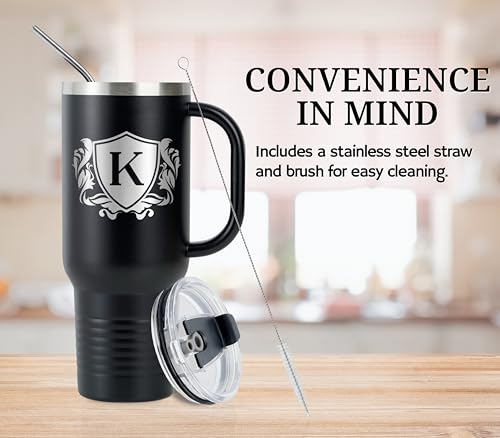 Personalized 40 oz Tumbler with Handle and Straw - G Variation, Custom Monogram Travel Mug for Men