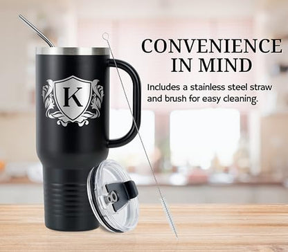 Personalized 40 oz Tumbler with Handle and Straw - G Variation, Custom Monogram Travel Mug for Men
