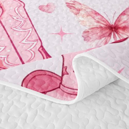 Pink Cowgirl Quilt Set with Western Cactus and Bowknot Design - Full Size Bedding for Boys Girls - Baby Pink Variation