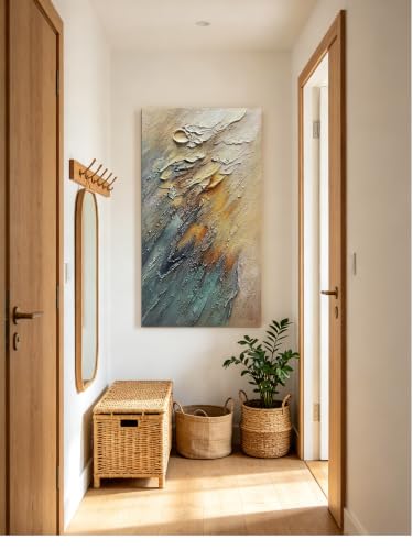 Hand-Painted Colorful Abstract Wall Art Canvas - 24x48 Inch Teal & Yellow-Brown
