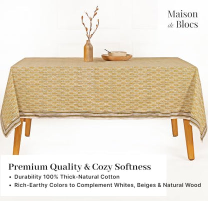 Sage & Yellow Cotton Hand Block Printed Tablecloth - 60x60 Inches, Square