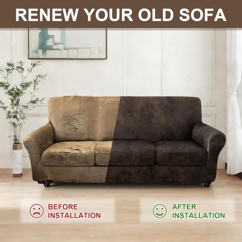 ANARACHON Leather Look Sofa Cover Set for 3 Cushion Couch - Brown, 4 Pieces