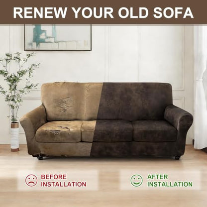 ANARACHON Leather Look Sofa Cover Set for 3 Cushion Couch - Brown, 4 Pieces