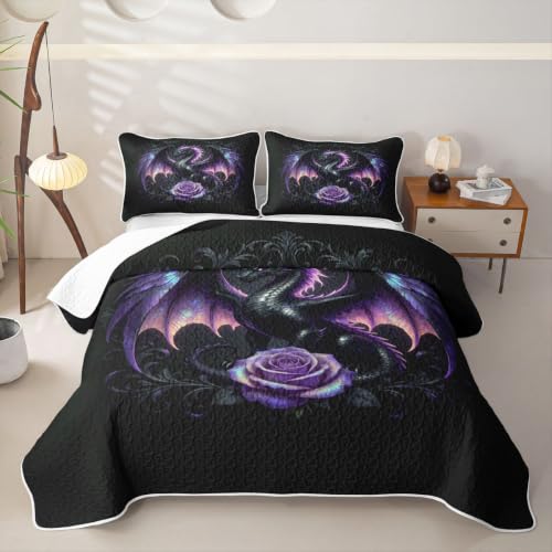 Manfei Purple Feather Dragon Quilt Set Queen Size Dark Purple Bedding with Pillow Shams