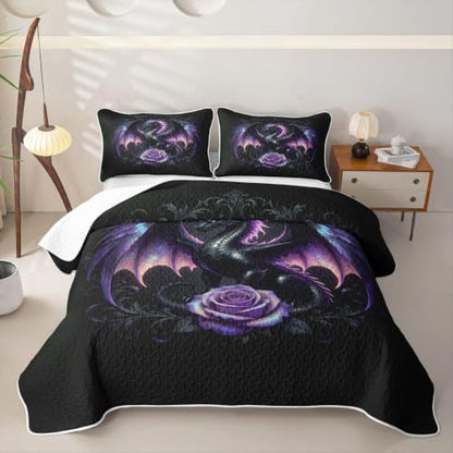Manfei Purple Feather Dragon Quilt Set Queen Size Dark Purple Bedding with Pillow Shams