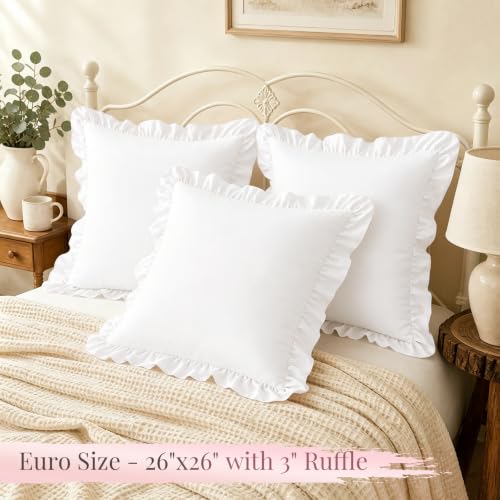 White Ruffle Euro Sham Covers 26x26 Set of 2 - Microfiber Decorative Pillowcases