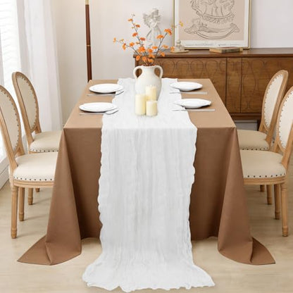 White Cheesecloth Table Runner 35x120 Inches - Gauze Wrinkle Design, 1 Pack - Bohemian Style, Casual Decor