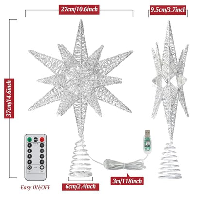 A-Silver 15-Inch Lighted 3D Moravian Star Christmas Tree Topper - Silver