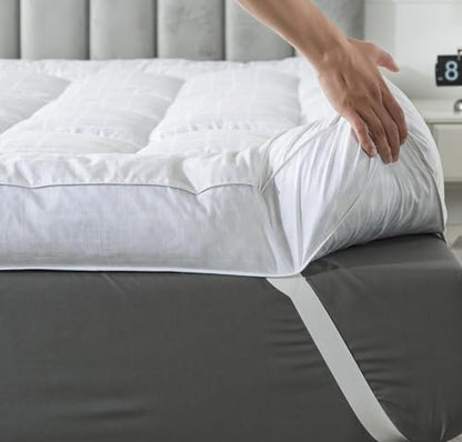 White Plaid 5in Duck Feather Mattress Topper with Cotton Cover - King