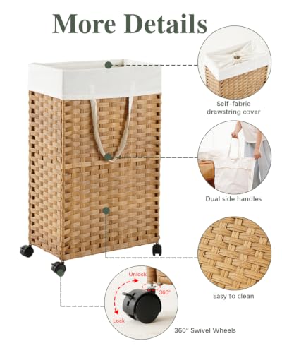 SETVSON Slim Laundry Hamper with Wheels 48L Natural Narrow Space-Saving Design