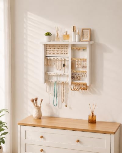 Lolalet Wall Mounted Jewelry Organizer - White Wooden Necklace and Earring Storage