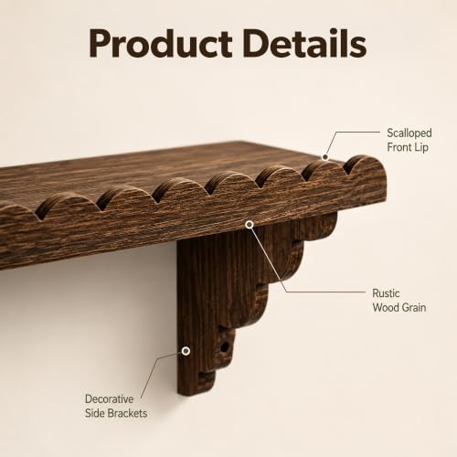 17 Inch Scalloped Wood Wall Shelves Set - Brown Floating Shelves for Decor & Storage