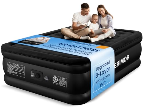Black Queen Air Mattress with Built-In Pump 18in Leak-Tested Durable Support