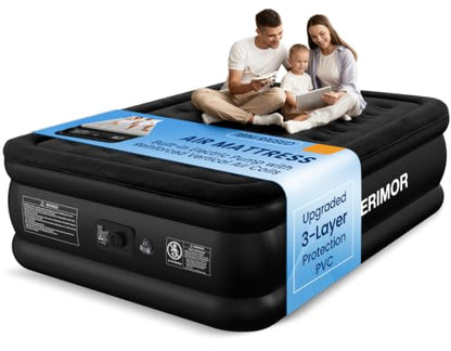 Black Queen Air Mattress with Built-In Pump 18in Leak-Tested Durable Support