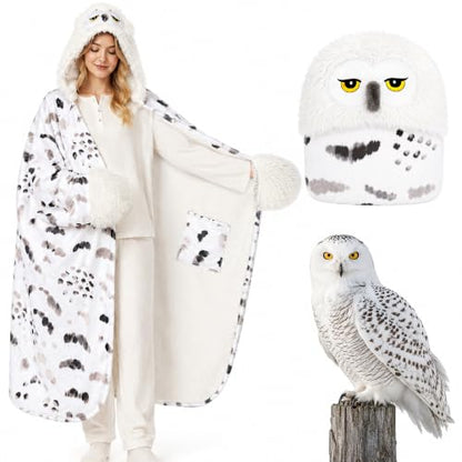 Wearable Snowy Owl Hooded Blanket for Winter Cozy Comfort - Multicolor