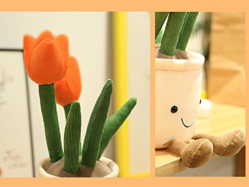 Tulip Plush Toy, 13" Orange Flower Pot Stuffed Throw Plushie Pillow Doll, Soft Fluffy Plant Friend Hugging Cushion - Present for Every Age & Occasion