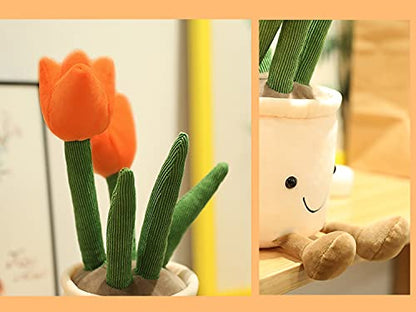 Tulip Plush Toy, 13" Orange Flower Pot Stuffed Throw Plushie Pillow Doll, Soft Fluffy Plant Friend Hugging Cushion - Present for Every Age & Occasion