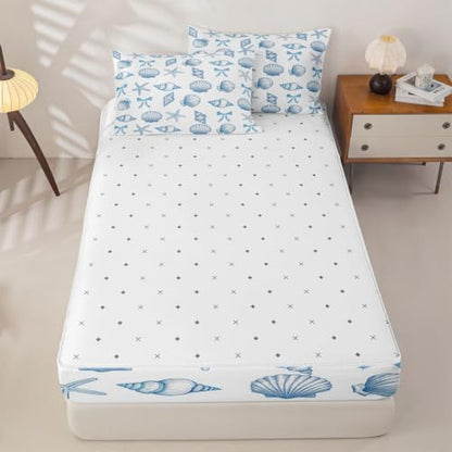 Blue White Starfish Shell Comforter Set Twin Zipper Bedding for Kids Coastal Ocean
