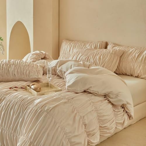 Full Size Khaki Gathered Ruffled Bedding Set Duvet Cover for Teen - Elegant Farmhouse Style