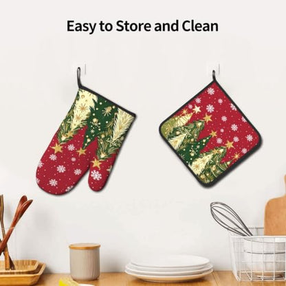 Christmas Tree Oven Mitts and Pot Holders Set - Pine Tree Design, 2 Pack